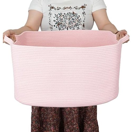 Large Rectangle Blankets Baskets 22"x17"x12" Toy Basket for Kids Woven Cotton Rope Storage Basket for Nursery - Wicker Laundry Baskets for Clothes Towels - Ideal for Living Room Storage pink