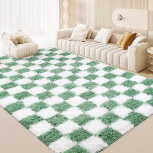 CozyDesg Shag Area Rugs,5'x8' Soft Fluffy Floor Rugs Checkered Carpet，Washable Area Rugs for Living Room Bedroom Kids Room Decor,Light Green & White