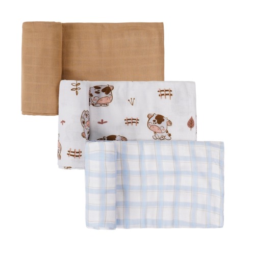 Baby Swaddle Blankets, Soft & Breathable Deluxe Muslin Swaddles Pack of 3 - (Cow & Blue Plaid Set)