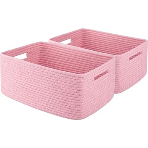 OIAHOMY 2-Packs Large Baskets for Organizing, Storage Basket for Shelves Clothes, Towels, Nursery, Toy Box, Woven Rope Basket for Living Room, Laundry, Bedroom, 15.75 * 11.81 * 7.09 IN, Pink
