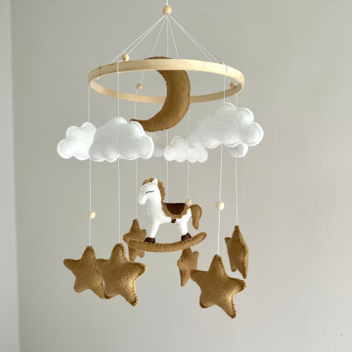 Rocking horse baby mobile decoration, baby shower gift with neutral colors, minimalist felt decoration