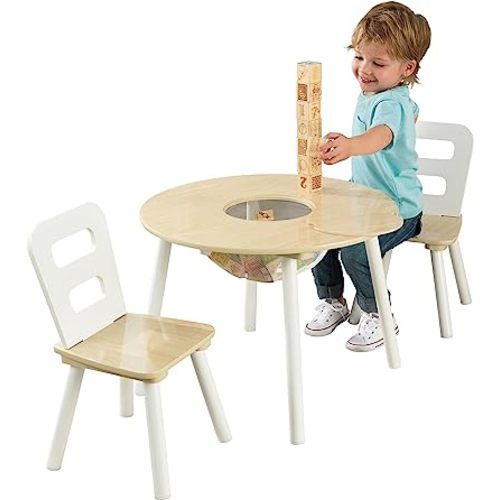 KidKraft Wooden Round Table & 2 Chair Set with Center Mesh Storage - Natural & White, Gift for Ages 3-6