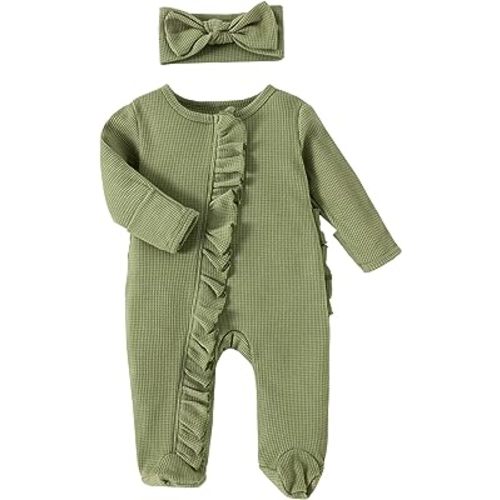 Ayalinggo Newborn Baby Romper Infant Girl One-piece Outfit Waffle Ruffle Zip Footie Spring Summer Clothes With Bow Headband