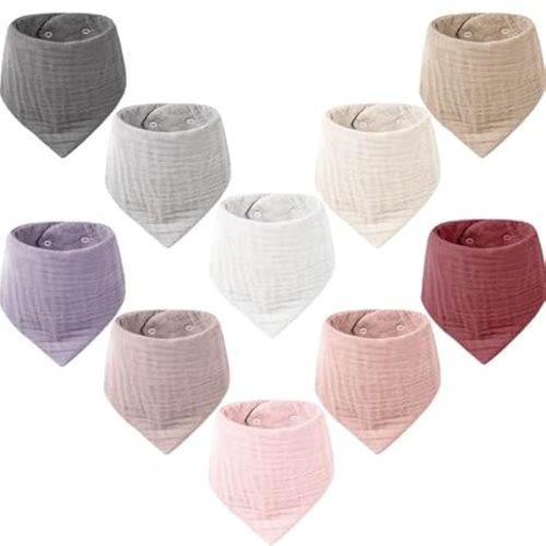Konssy Muslin Baby Bibs 10 Pack Baby Bandana Drool Bibs 100% Cotton for Unisex Boys and Girls, Soft Absorbent Set for Teething and Drooling