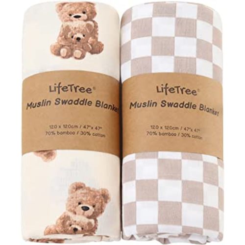 LifeTree Muslin Swaddle Blankets Neutral, Baby Swaddling Wrap Nursery Receiving Blanket for Boys & Girls Unisex, Soft Viscose from Bamboo Cotton, Large 47 x 47 inches, Bear & Checkered Coffee