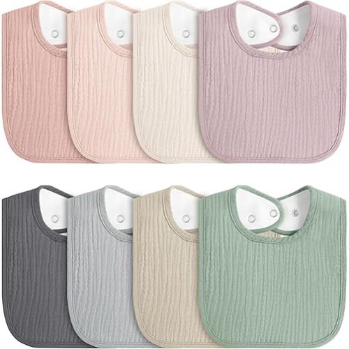 8-Pack Baby Muslin Bibs, Soft Cotton Drool Bibs for Boys Girls, Adjustable and Absorbent Newborn Bib Set for Feeding and Drooling