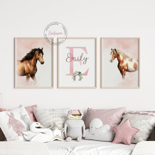 Horse Nursery Wall Art |Horse Prints, Personalized |Girl Bedroom Prints |Buckskin Horse Posters, Set of 3 |Printable Wall Art |Horse Bedroom