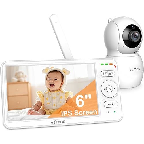 Baby Monitor with Camera and Audio, 6'' IPS Screen with 30-Hour Battery, Baby Monitor No WiFi Night Vision, ECO, 2-Way Audio, Pan-Tilt-Zoom, Baby Camera Monitor with 1000ft Range, Ideal Gift