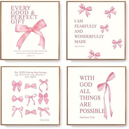 LARTSFRO Coquette Pink Bow Bible Wall Art Decor Posters, Pink Bow Bathroom Decor, Aesthetic Teen Girl Living Room Bathroom Decor Prints, Trendy Gifts for Women Teens Teen Girls, 10x10 Inch Set of 4 Unframed