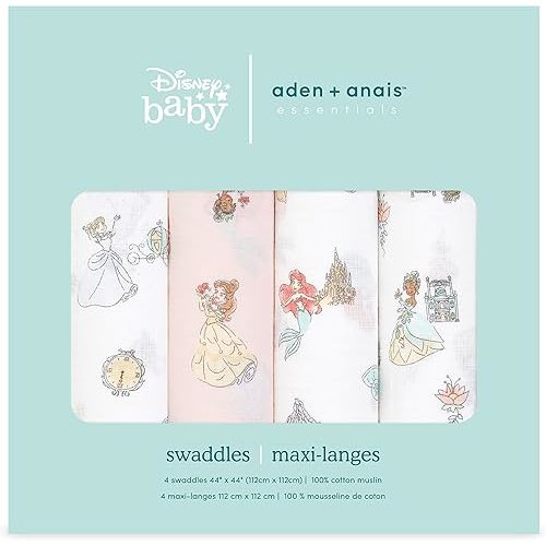 aden + anais Essentials Muslin Swaddle Blankets, Newborn Receiving Blanket for Swaddling, 100% Cotton Baby Swaddle Wrap, 4 Pack, Disney Princess