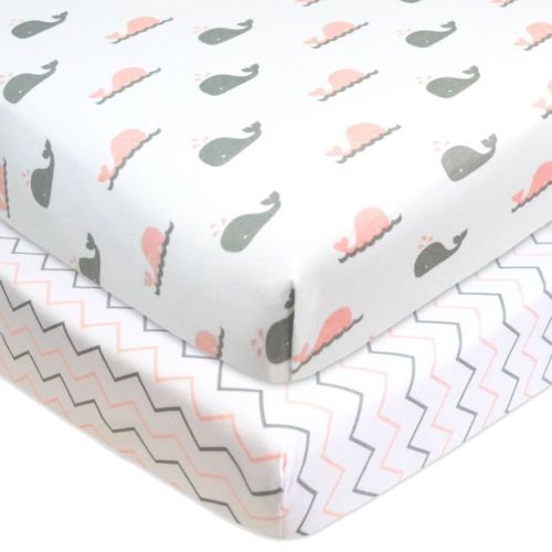Tl Care Printed 100% Cotton Knit Fitted Playard Sheet - Whale Zigzag Pink 2pk