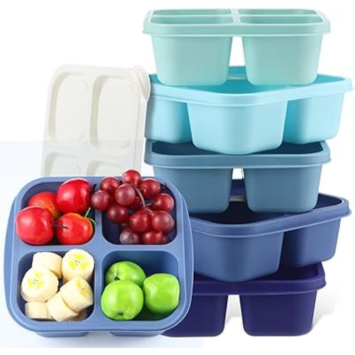 Honeydak 5 Pack Snack Containers 4 Compartment Bento Snack Boxes Reusable Lunchable Containers with Lids Divided Meal Prep Lunch Food Storage Box for School Work Travel(Blue Ombre,Equal)