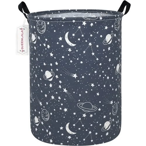 QUEENLALA Large Storage Basket,Laundry Hamper/Bathroom/Home Decor/Collapsible Round Storage Bin,Boys and Girls Hamper/Boxes/Clothing(Round-blue-starry sky)