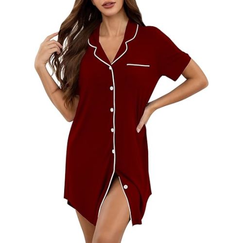 KCW Nightgown for Women Button Down Pajama Dress Short Sleeve Night Shirts Sleepwear