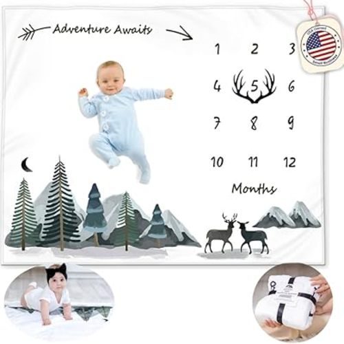 Milestone Blanket for Baby Boy, Monthly Baby Milestone Blanket, Growth Blanket for Boy, Adventure Mountain Month Blanket Woodland Nursery, Baby Shower Baby Includes Felt Frame