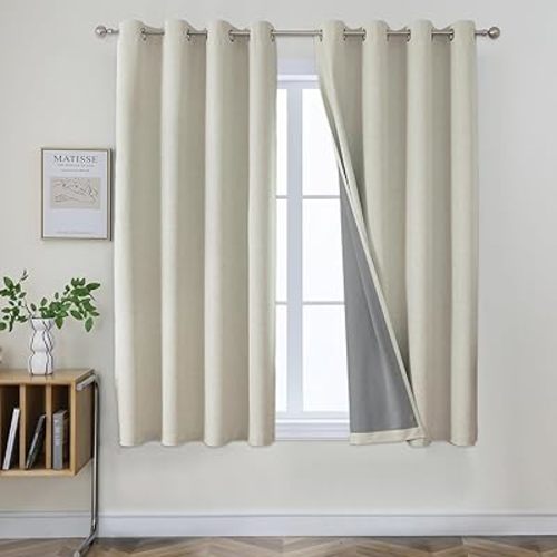 Joydeco Blackout Curtains 63 Inch Length, Light Beige Blackout Curtains for Bedroom Living Room, Beige Light Sun Heat Blocking Linen Texture Window Curtains Drapes (52x63 inch, Light Beige)