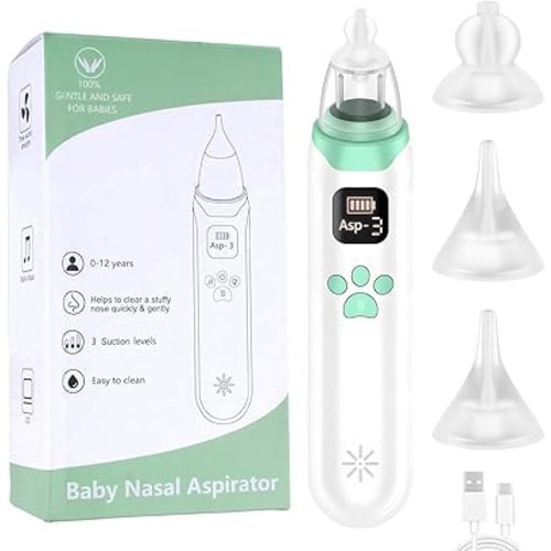 Baby Nasal Aspirator Electric, 3 Types Adjustable Gear, Includes 3 Soft Silicone Tips, Soothing Music & LED Lights, Ideal for Newborns Infants and Toddlers Up to 12 Years (Baby Nasal Aspirator)