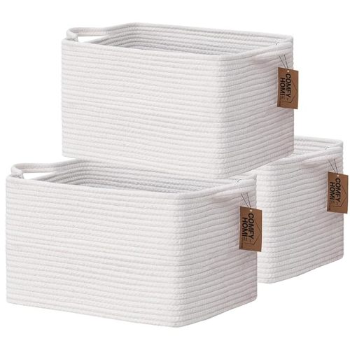 Large Cotton Rope Rectangular Storage Baskets for Living Room, Baby Room, Office (All White, 13.5" x 11" x 9.5")