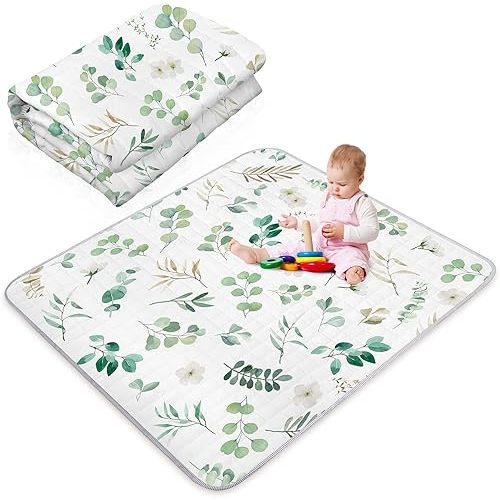 Funtery 43 x 43 Inch Boho Rainbow Baby Play Mat Portable Crawling Washable Foldable Tummy Time Non Slip Baby Floor Large Playpen Mat for Infants Toddlers Floor Playpen Activity(Eucalyptus Leaves)