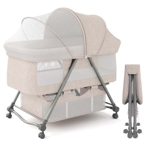 XJD Baby Bassinet Portable Folding Rocking Bassinet for Baby 2-in-1 Rocking Cradle Bassinet for Newborn Infant Crib Toddler Bassinet with Storage Basket, Travel Bag, Beige