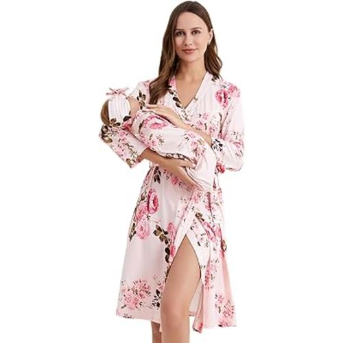 Galabloomer Flower Maternity Robe and Baby Receiving Blanket, Matching Mommy Labor Delivery Robe and Swaddle Set