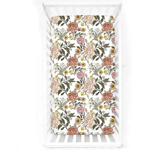 Crib Sheets for Girls Boys, HNHUAMING Jersey Cotton Crib Fitted Sheets, Baby & Toddler Universal Neutral Crib Mattress Sheets, Boho Vintage Floral Breathable Crib Sheet Set