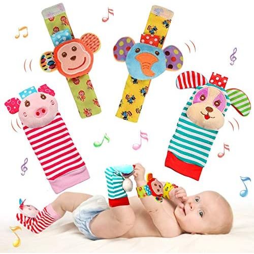 SSK Soft Baby Wrist Rattle Foot Finder Socks Set,Cotton and Plush Stuffed Infant Toys,Birthday Holiday Birth Present for Newborn Boy Girl 0/3/4/6/7/8/9/12/18 Months Kids Toddler,4 Cute Animals