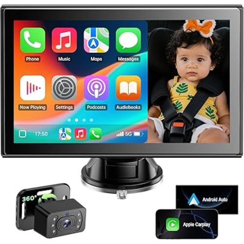LAMTTO Baby Car Camera with 5G WiFi Split View Syncs Phone Navigation Wireless CarPlay Android Auto 7 Inch Screen Night Vision Easy Install Baby Monitor for Car Driving Safety