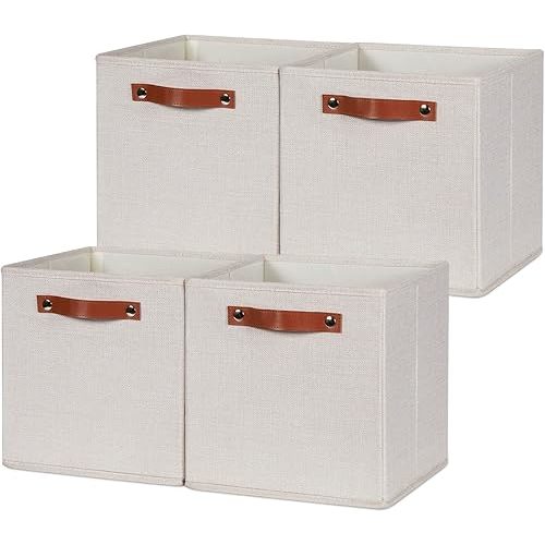 HNZIGE Foldable Storage Cubes Bins for Organizing, Set of 4, Fabric Cube Canvas Storage Bins 11 x11, Collapsible Bins for Organization with Handles for Shelf Nursery(Beige)