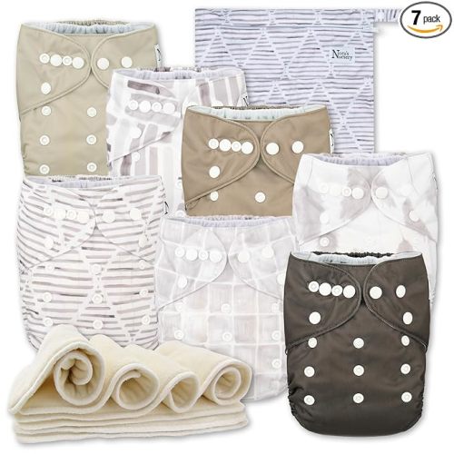 Nora's Nursery Cloth Diapers 7 Pack with 7 Inserts & 1 Wet Bag - Waterproof Cover, Washable, Reusable & One Size Adjustable Pocket Diapers for Newborns and Toddlers - Earthy Boho