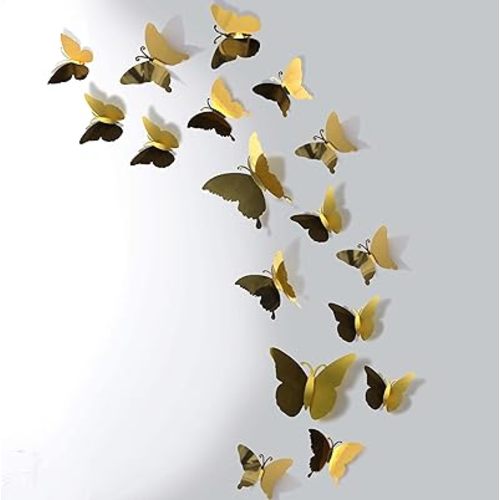 3D Mirror Metallic Butterfly Wall Decor, Gold, 48Pcs 4 Styles 3 Sizes, Removable Stickers Wall Decor Room Mural for Party Cake Decoration Kids Bedroom Nursery Classroom Wedding Decor