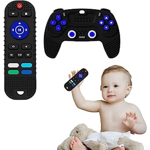 2-Pack Baby Teether Toys Silicone Toddler Sensory Toy Chew Toys Educational, TV Remote Control Shape Teething Toys for Babies 6-18 Months (Black)