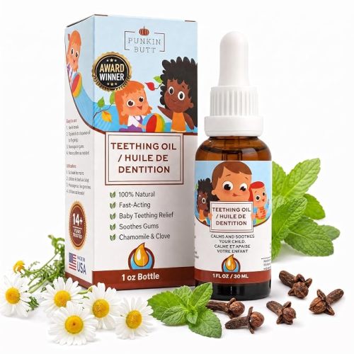 Punkin Butt - Natural Herbal Teething Oil for Babies - Daily Use Soothing Relief Drops | Baby, Infant, Toddler Gum & Tooth Relief | Organic Chamomile, Clove & Peppermint Infusion - 1oz with Dropper