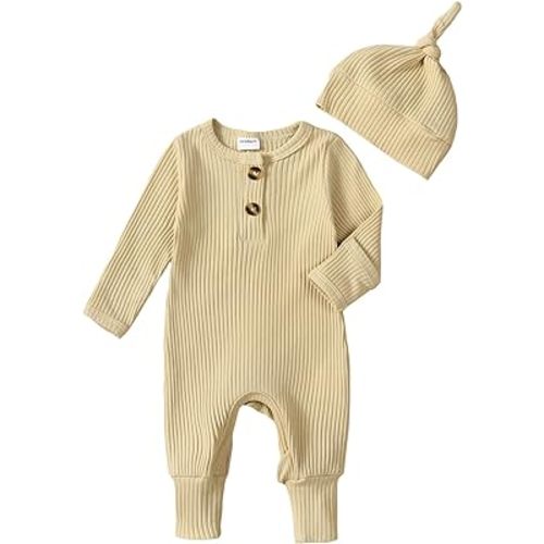 Neutral Baby Clothes Newborn Girl Boy Coming Home From Hospital Outfit Cute Ribbed Knit One-piece Romper Jumpsuit Hat