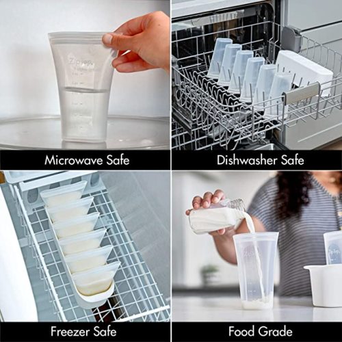 Zip Top Reusable 100% Platinum Silicone Breast Milk Storage, Made in The USA - Bag Set of 6 + Freezer Tray - Milk Bags + Tray Set