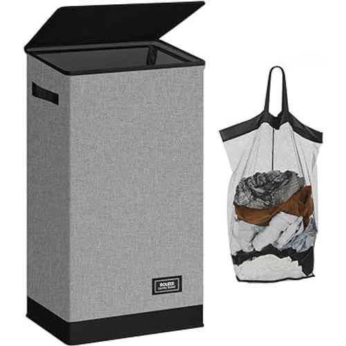 SOLEDI Laundry Hamper with Lid 100L Large & Tall Collapsible Laundry Basket, Clothes Hamper with Bag Removable Easy to Carry, Dirty Hampers for Bedroom, Bathroom, Dorm, College, Grey