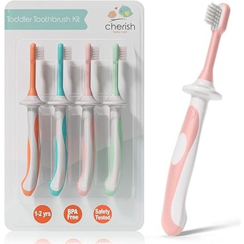Cherish Baby Care Toddler Toothbrushes 1-2 Years (4-Pack) - BPA-Free & Safety-Tested Kids Toothbrush Kit, Designed by a Pediatric Dentist, Soft-Grip Toothbrush for Kids, My First Toothbrush Set