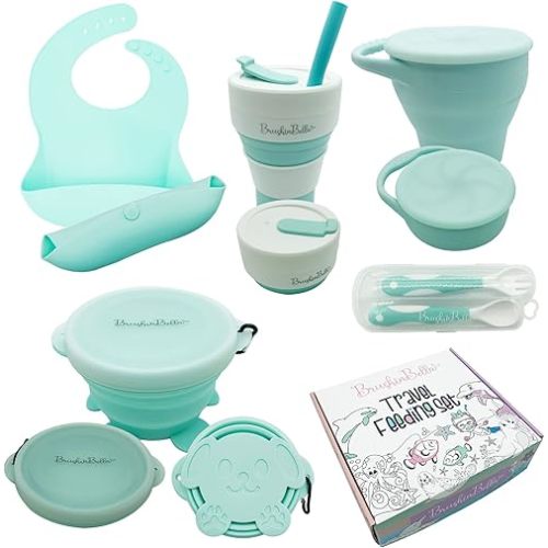 Baby Feeding Set - Collapsible Feeding Supplies for Travel - Food Grade Silicone Suction Baby Bowl, Baby Plate, Baby Bib, Baby Spoons First Stage - Cute Baby Eating Supplies Toddler Gift