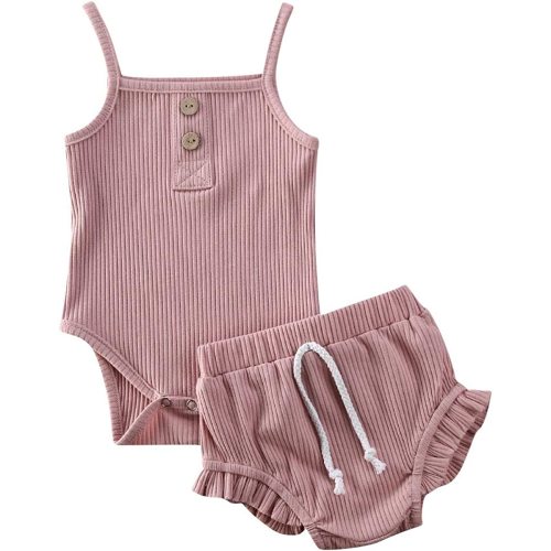 Newborn Kids Baby Girls Cute Strap Solid Color Romper Bodysuit Top+Drawstring Bottoms Shorts Pants 2Pcs Outfits Set - 3-6 Months - Pink