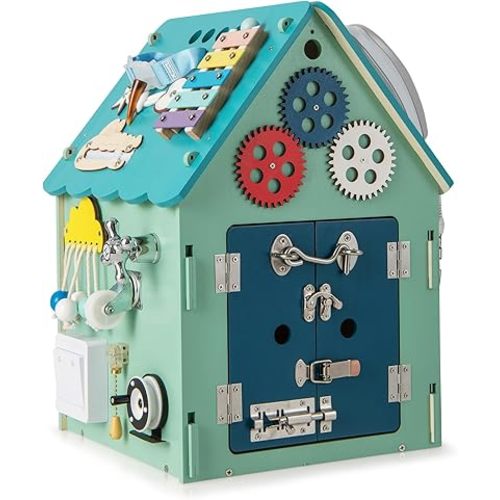 Costzon Montessori Busy House Toy, Wooden Multi-Purpose Play House w/Interior Storage Space & Sensory Games for Fine Motor Skills, Educational Learning Toy for Boys & Girls Age 3 + (Blue)