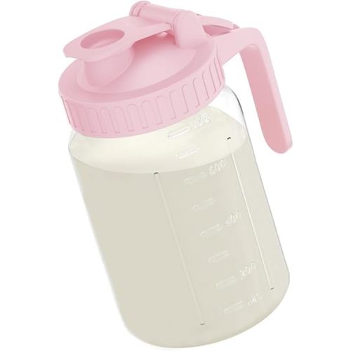 Breast Milk Pitcher Jug - 32 oz Glass Mason Jar Airtight Pitcher with Pour Spout Handle for Breastmilk, Iced Tea, Ice Drinks Storage Container(Pink)