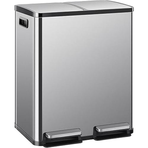 DUMOS Diaper Trash Can, 2×8-Gallon Diaper Can with Lid, Stainless Steel Trash Bin with 2 Removable Inner Buckets, Soft-Close Foot Pedal