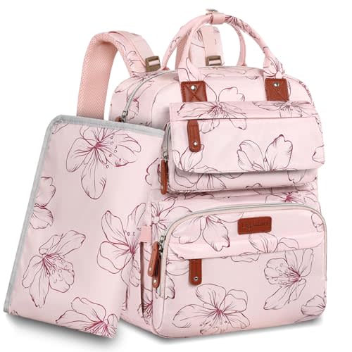 Diaper Bag Backpack, Large Diaper Backpack with Portable Changing Pad, Baby Diaper Bags for Girls, Multifunction Floral Travel Backpack for Moms Dads with Insulated Pockets and Stroller Straps