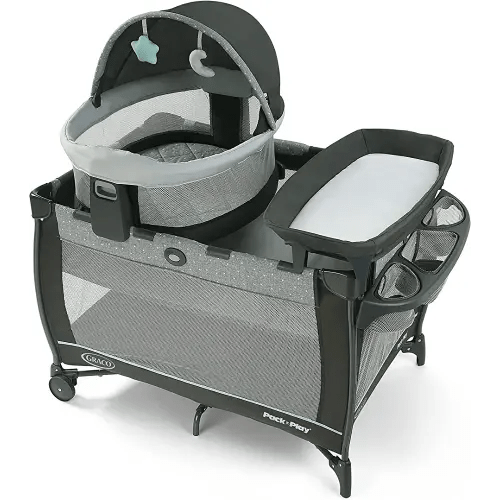 Graco Pack n Play Travel Dome DLX Playard, Astin with Portable Bassinet and Integrated Storage Organizer
