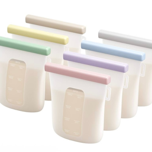 Nuliie 7 Pcs Silicone Breastmilk Storage Bags Reusable, 8oz/240ml Double Leak-Proof Breastmilk Freezer Bags, BPA Free Self-Standing Milk Bags for Breastfeeding, Baby Food Pouches