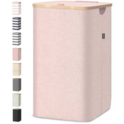 BALEINE Laundry Hamper with Lid, Tall Laundry Baskets with Bamboo Pull Handles, Large Laundry Bin with Internal Support (26 Gal/100L, Pink)