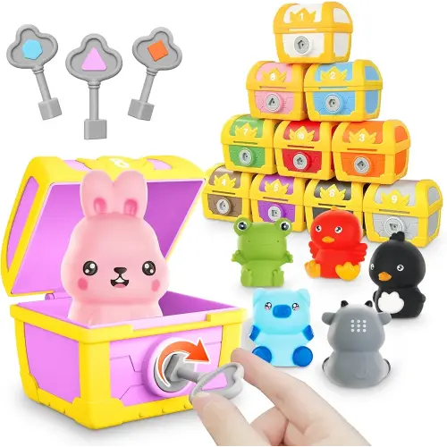 Learning Toys for Toddlers, 10pcs Farm Animals Toys Finger Puppets Treasure Chests with Keys, Number Counting Matching Color Sorting Game, Montessori Preschool Fine Motor Skill Toys for 3 4 5 Year Old