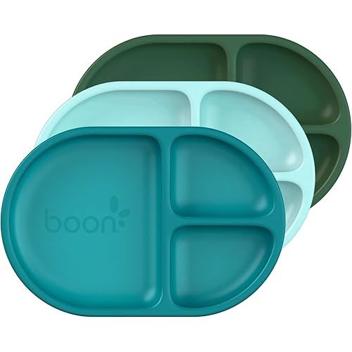 Boon Chow Silicone Plate Set - 3 Unbreakable Divided Toddler Plates - Baby Plates for 6 Months and Up - Baby Led Weaning Supplies - Blue Multicolor