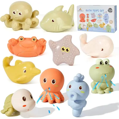 Mold Free Bath Toys for Toddlers/ Infants 6 - 12- 18 Months, 10PCS Ocean Animals Squirt Bath Toys for Kids Ages 1-3, Bathtub Float Toys Non Toxic Water Table Toys Toddler Birthday Gift