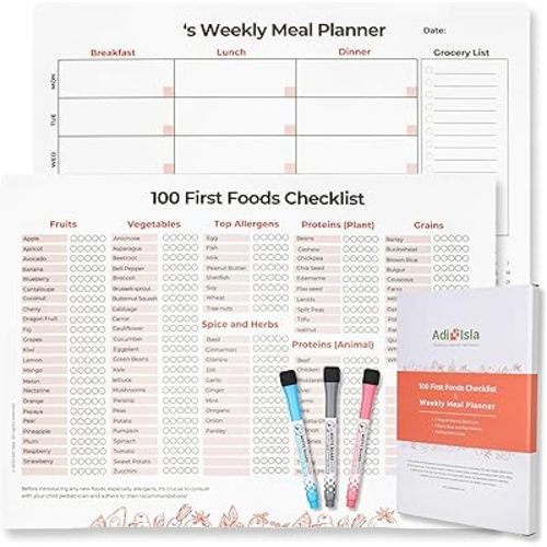 100 First Foods Chart & Weekly Meal Planner Magnetic Checklist Baby Solid Food Tracker | 101 Before One Baby-Led Weaning Feeding Essential for 6+ Months w 3 Bonus Markers Large 35x25 cm